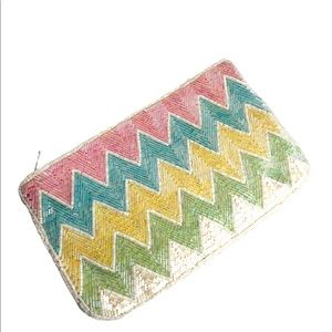 Vintage 1960s Seed bead GOLDCO pastel color clutch bag purse blue pink yellow